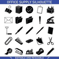 Office Supplies Silhouette Icons Editable, Resizable Vector Graphics