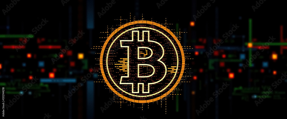 Poster stylized circular symbol with letter digital currency on dark background