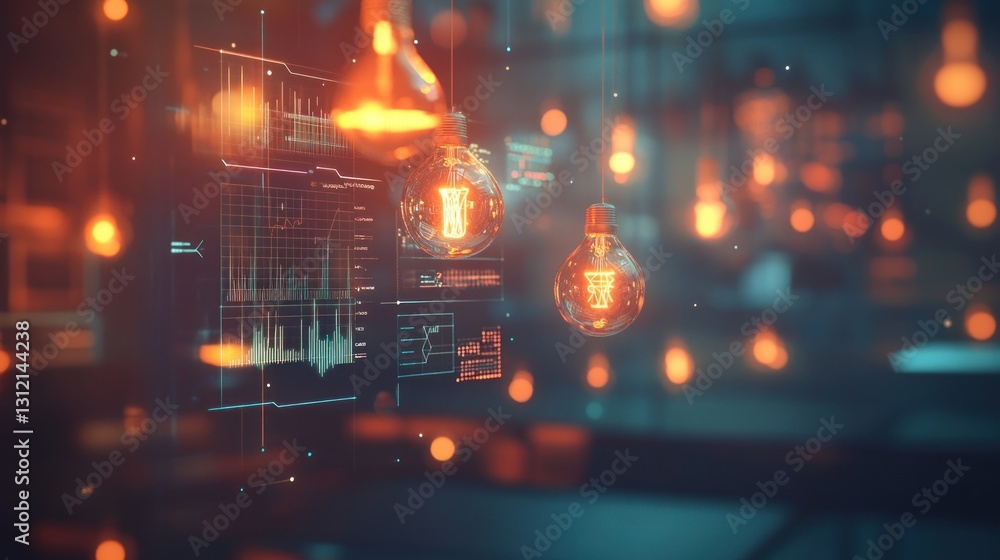 Poster futuristic, glowing light bulbs overlaid with digital data visualizations in a modern setting