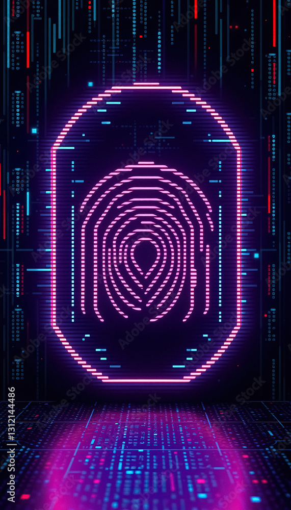 Poster futuristic digital fingerprint technology in neon glows security and privacy of future