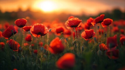 Obraz premium Sunflower field at golden hour, warm sunlight casting a soft glow on the petals generative ai