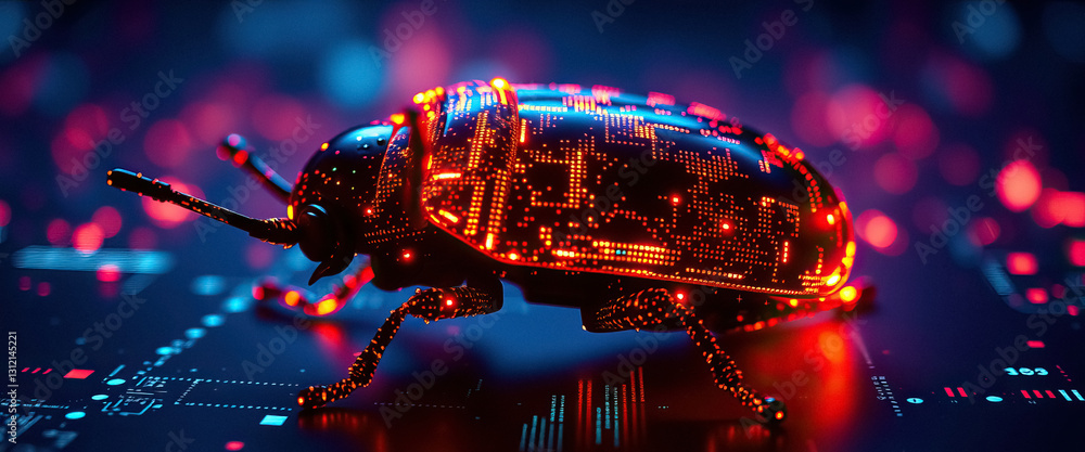 Poster Futuristic bug with glowing circuit patterns on digital surface science fiction concept