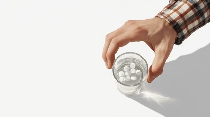 A top view of a man's hand holding pills and a glass of water, isolated on a white background.