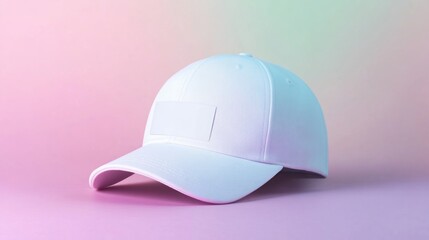 Fototapeta premium Blank white baseball cap, subtly angled, on a soft pastel background