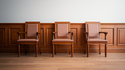 Courtroom awaiting justice, anticipating trial, seats sit empty, ready for all