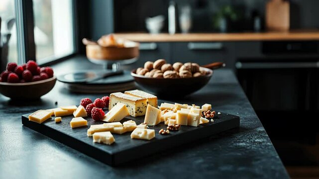A kitchen with a board of different cheeses cut into small squares and triangles. v2