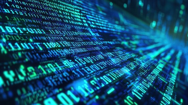 Abstract Digital Data Stream with Binary Code and Blue Light Effects