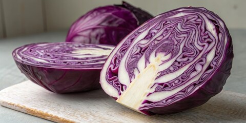 Fototapeta premium Cutting a purple cabbage in half kitchen food photography bright lighting close-up spiral design revealed for culinary inspiration