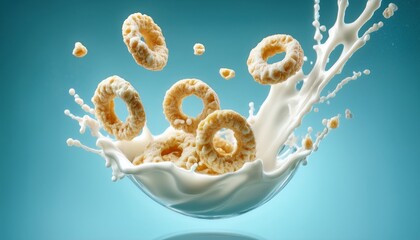 Close-up of crunchy cereal rings in mid-air with a splash of milk curving gracefully 2