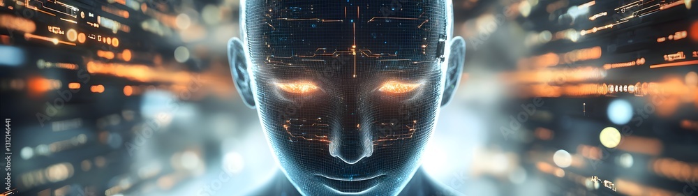 Poster striking digital art depicting a futuristic humanoid figure surrounded by glowing neon geometric pat