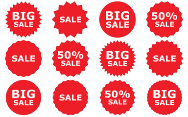Sale tags collection Set of vector red starburst, sunburst badges. of vecor illustration