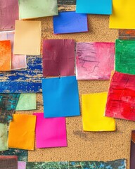 Naklejka premium Colorful Sticky Notes on Cork Board Background for Creative Projects