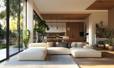 Modern open concept living room featuring natural light and spacious design elements