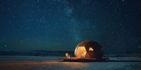 Floating desert dome house under a starry sky, unique off-grid travel experience