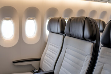 Airplane seats with capacity markers, calm journey concept, travel and flight