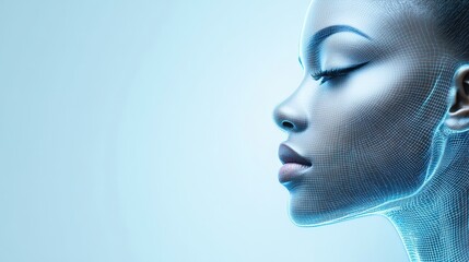 Futuristic woman's face with intricate grid pattern, a captivating portrait of digital art and modern aesthetics