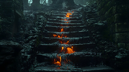 Molten lava flows down ancient stone steps in a misty jungle.