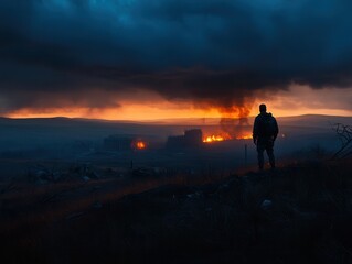 Obraz premium Epic confrontation on a burning battlefield against a dramatic twilight backdrop in a deserted landscape. Generative AI