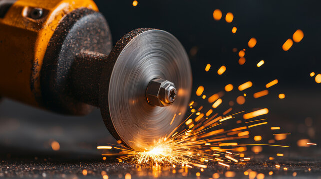 Bench grinder with sparks is working on dark backdrop with high fidelity