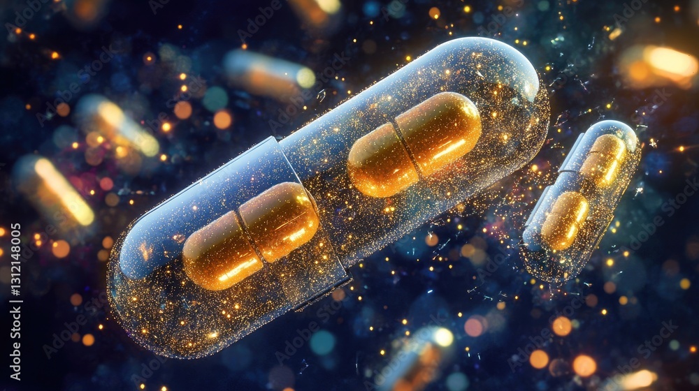 Poster abstract digital render of a capsule splitting in two, revealing micro-sized nano-robots.