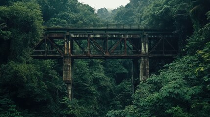 Fototapeta premium A train traversing a bridge deep within a lush jungle forest.