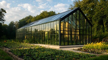 Obraz premium Sunlight streams through glass panels of a stunning greenhouse surrounded by vibrant flower beds at dusk