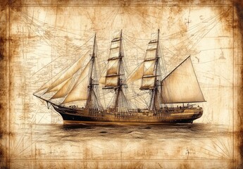 Vintage sailing ship on antique map background