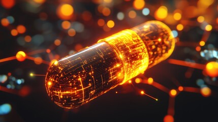 Close-up of a capsule disintegrating into glowing data streams, symbolizing digital medicine.