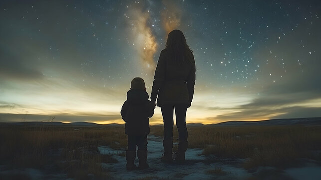 Mother and child admire Milky Way