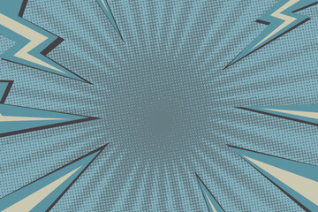 Obraz premium Pop art radial colorful comics book magazine cover. Striped color digital background with thunder flash. Cartoon funny retro pattern strip mock up. Vector halftone illustration. Sunburst shape.