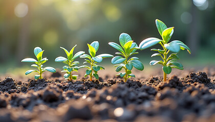 Growth and Progress: A row of vibrant green seedlings, symbolizing the life cycle of growth and progression. The sun shines upon them, signifying the potential for success and flourishing