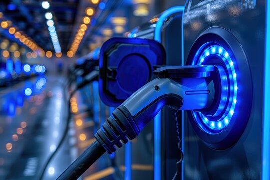 A modern electric vehicle charging station features illuminated connectors. The interior is sleek and futuristic with soft blue lighting and a polished floor reflecting the design.