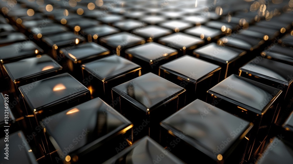 Poster a close-up view of numerous black cubes arranged neatly in a grid reflecting warm light. the cubes f
