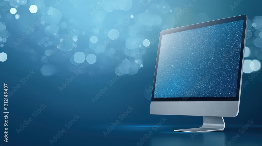 Poster modern workspace, computer monitor on desk with ergonomic setup