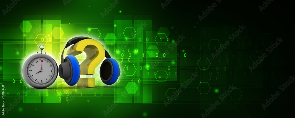 Poster 3d rendering question mark connected headphone with clock