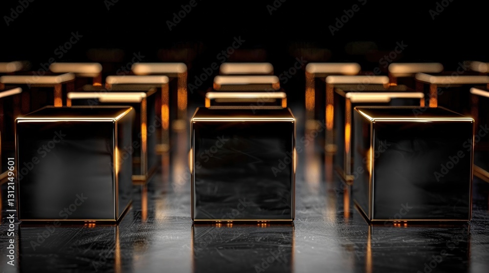 Poster a series of sleek black cubes with gold edges are arranged in a symmetrical pattern on a dark surfac