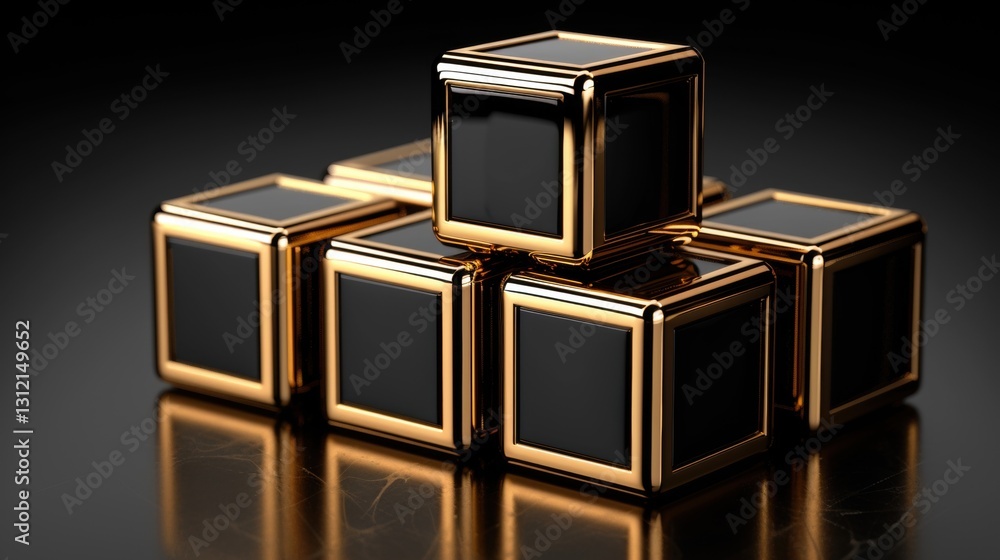 Aufkleber a collection of shiny black and gold building blocks is arranged in a pyramid form on a dark reflect