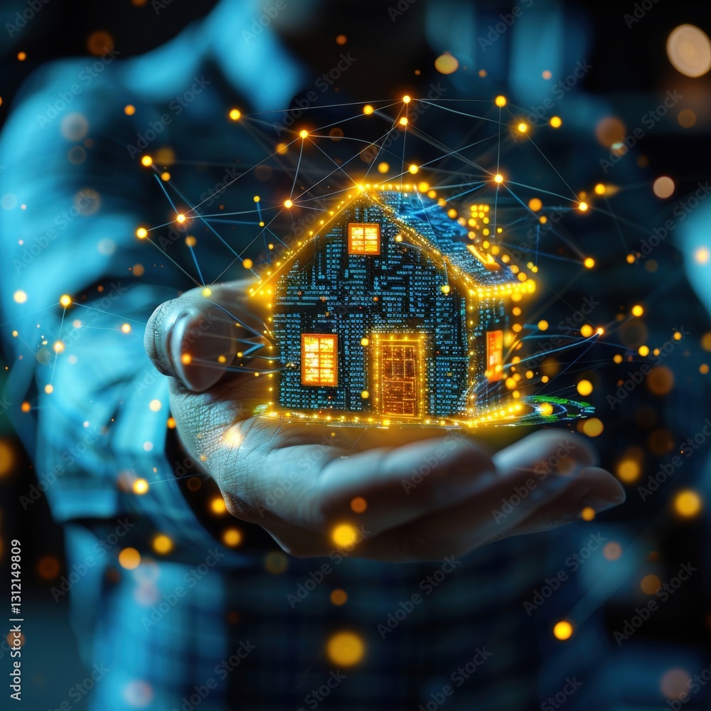 Poster A person is holding a glowing model of a house that displays digital data and connections. The background is dark creating a striking contrast with the illuminated house emphasizing innovation.