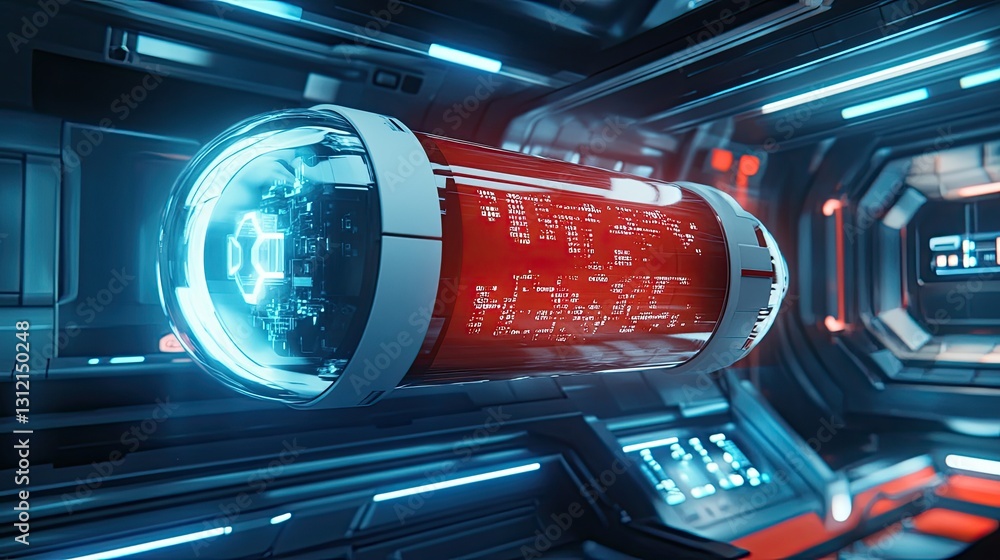 Poster medical ai data streams surrounding a floating red and white capsule in a futuristic blue setting.