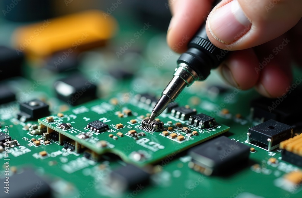 Poster an individual uses a soldering tool to meticulously repair a circuit board in a workshop. various el