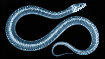 Translucent snake skeleton, detailed x ray view, glowing blue, dark background, intricate bone structure, scientific imagery, reptilian anatomy