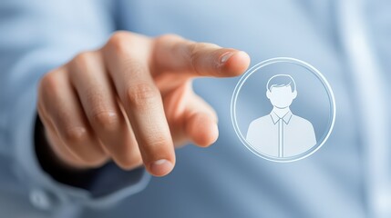 Person activating user icon button, accessing profiles, settings, identity and personalized experiences through interactive interface design