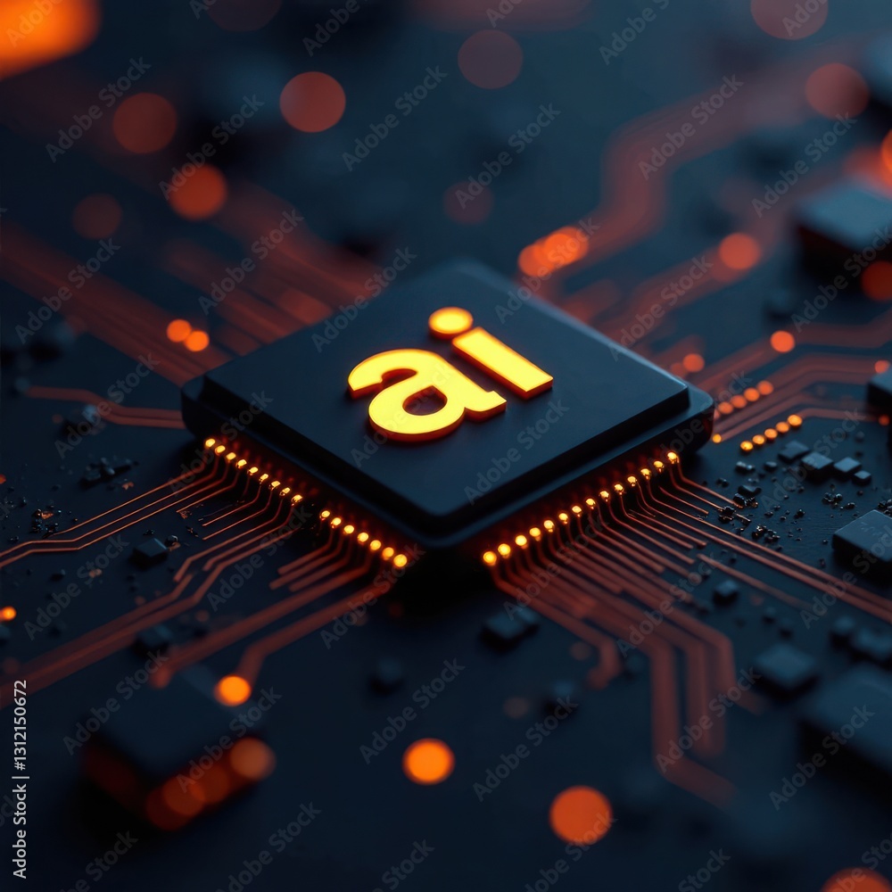 Poster a dark close-up view of a computer chip with glowing orange letters spelling ai. intricate circuitry