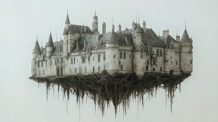Obraz premium Pixelated Floating Castle Illustration on Light Background