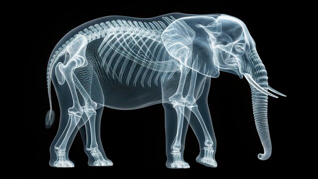 X ray style image of an elephant skeleton, translucent blue on a black background. Detailed anatomical structure is visible