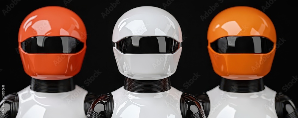 Poster three futuristic robots with colorful helmets and design