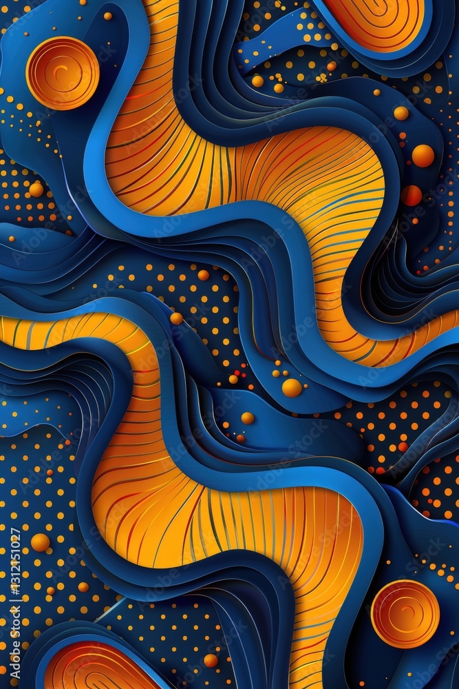 Poster curved shapes in vibrant shades of orange and blue flow together against a dark background. intricat
