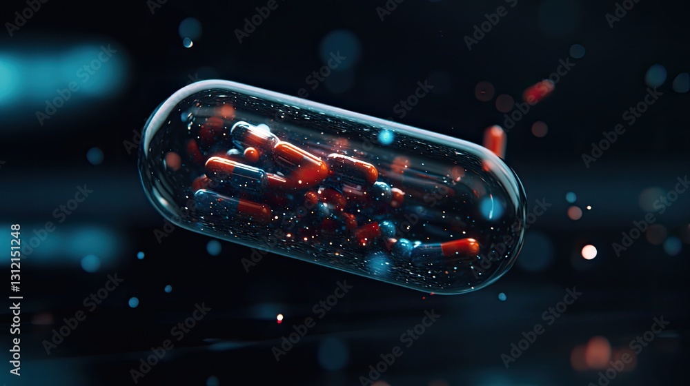 Poster transparent pill dissolving into a holographic interface, visualizing next-gen drug development.