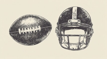 A vector-engraved illustration featuring an American football player, ball, and helmet in a hand-drawn, vintage etching style.