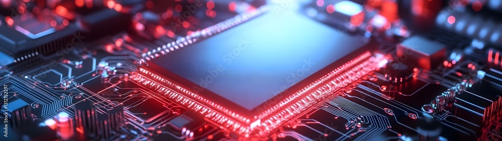 Poster Vibrant red and blue illuminated electronic circuit board with microchip processor and futuristic digital technology  Detailed macro shot of a sophisticated computer hardware system design